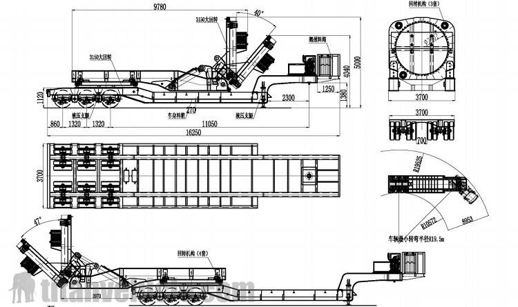 Drawing of 3 Line 6 Axle Windmill Blade Adapter Trailer